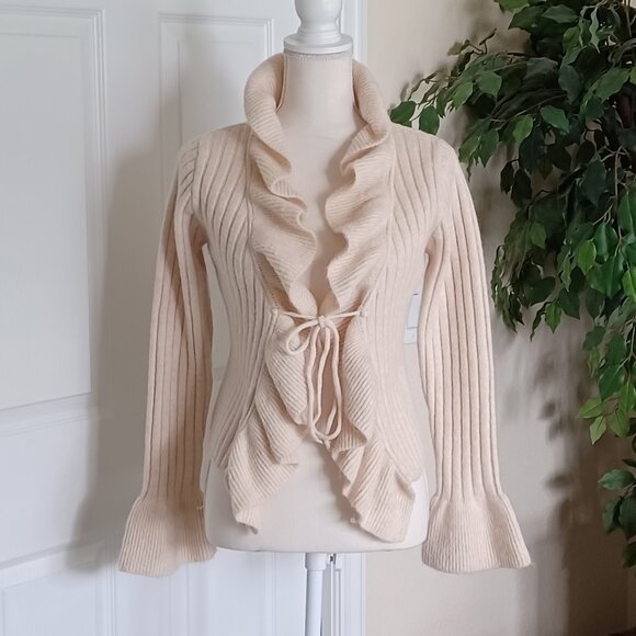 EUC Vici Ruffled Tie-Front Bell Sleeve Cream Cardigan Size Small - Picture 1 of 6